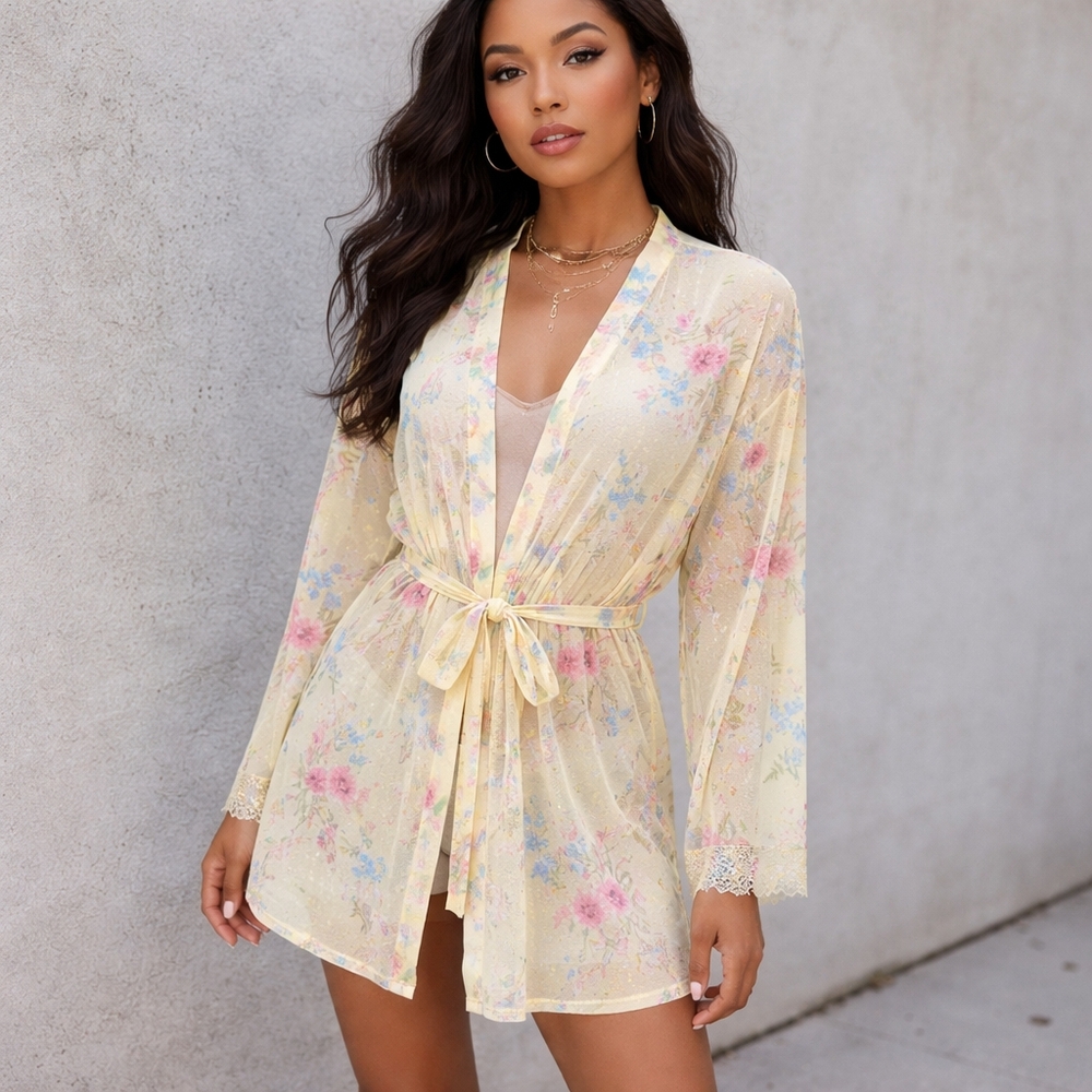 La Vie En Rise Yellow Floral Mesh Kimono Robe Belted Sheer Coverup